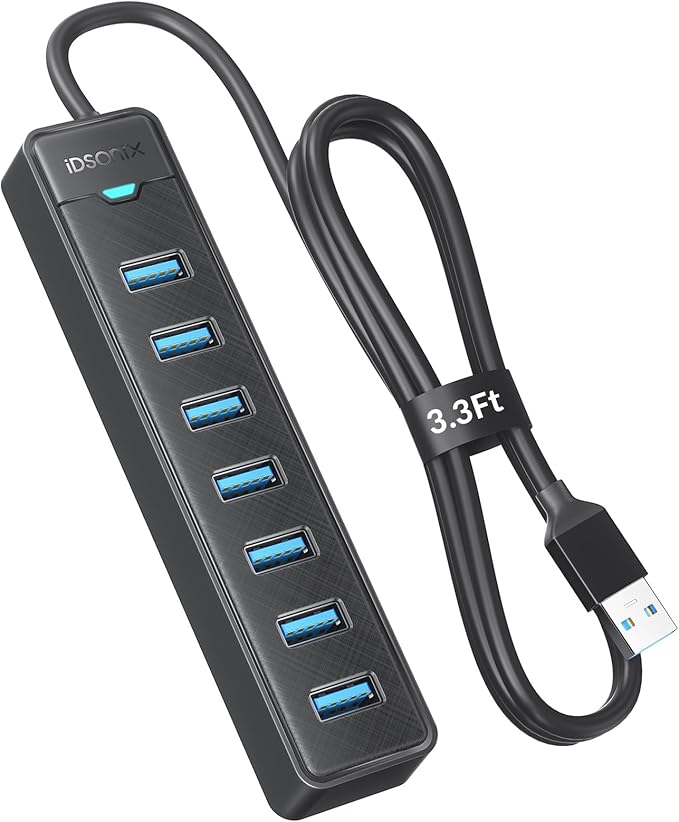 iDsonix 7 Ports USB Hub 3.0 [3.3Ft] USB Expander Hub 5Gbps USB Splitter Multiport Adapter, USB Hub Long Cable for Desktop, PC, Laptop, Flash Drive, Mobile HDD, Windows/XPS, 100cm