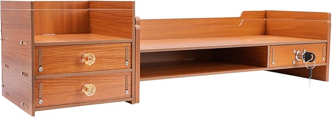 Wood Computer Monitor Stand, Computer Rack with Adjustable Desktop Storage Organizer and Drawer, Tabletop Monitor Stand for Computer Printer Cellphone