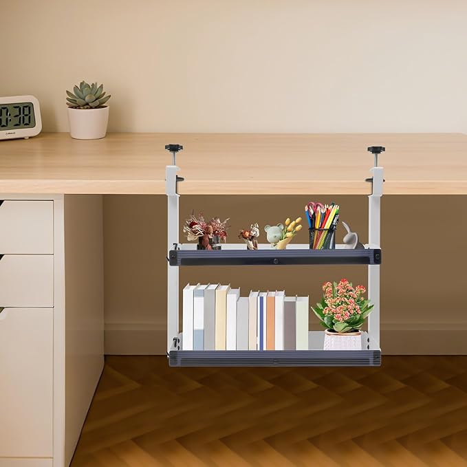 Clamp-On Desk Shelf, 2-Tier Desktop Bookshelf Desktop Supplies Storage Rack with Adjustable Storage Tray and Accessories 1.57in Heightened Guardrail for Office Study Game Room (White)