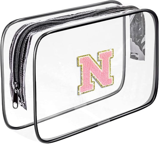 Clear Toiletry Bag,Portable Travel Toiletry Bag,Chenille Letter Cosmetic Bag with Zipper,Waterproof Makeup Bag,Cosmetic Storage Organizer for Women Men,Travel Essentials (Black,N)