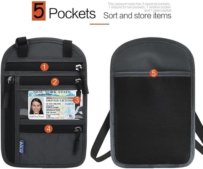 2-Pack RFID Blocking Passport Holder for Travel – Hidden Neck Wallet with Phone Pocket, Lightweight Under-Clothing Pouch Fits 7-inch phone & 2 Passports, Anti-Theft Organizer (Black & Light Gray)