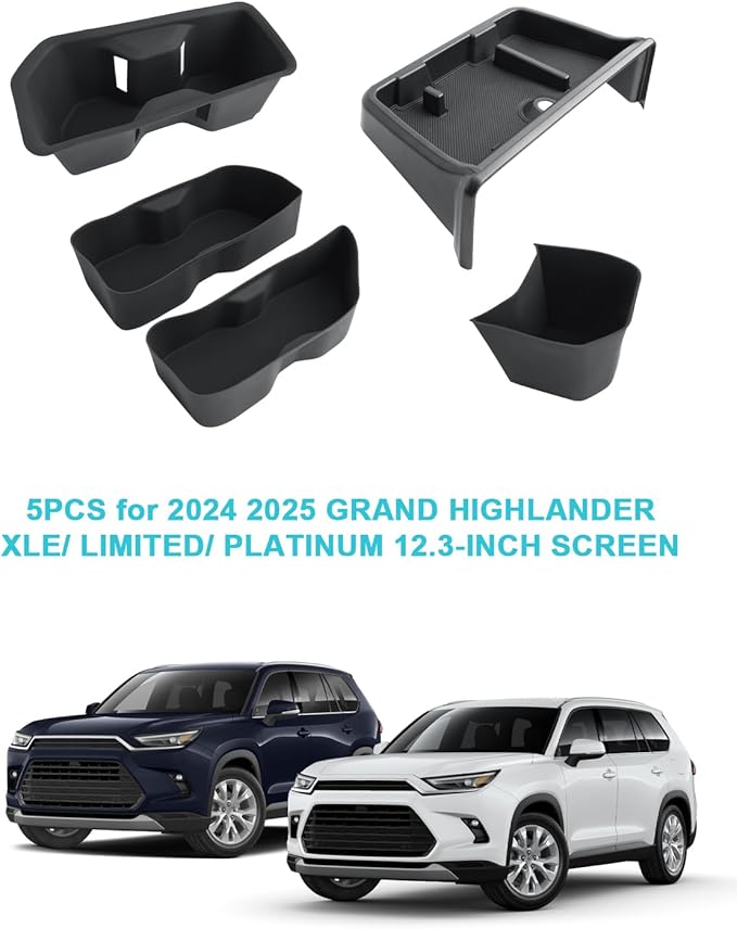 CDEFG 5PCS for 2024 2025 2026 Toyota Grand Highlander Center Console Dash Organizer 12.3-Inch Screen Storage Tray Cup Holders Door Pockets for 2025 2026 Grand Highlander Hybrid Accessories