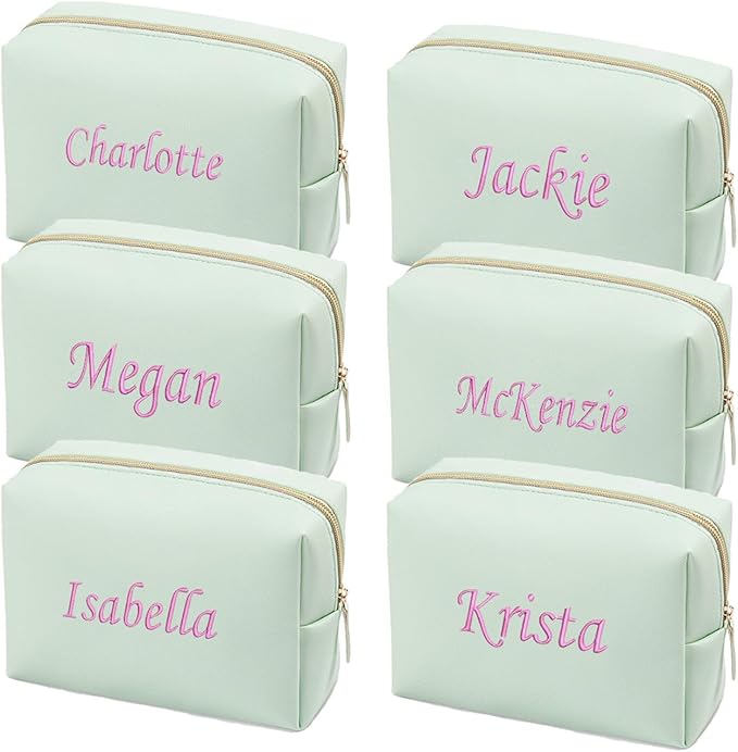 GOPHIE Cusotom Embroidery Travel Makeup Bag Organizer,Cosmetic Bags for Women,Gift For Bachelorette Party,Set of 6,Green