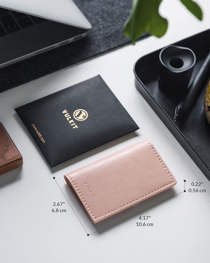 VULKIT Leather Business Card Holder 2 Sided Slim Business Name Card Organizer for Men or Women, Up to hold 20 cards (Vintage Rose)