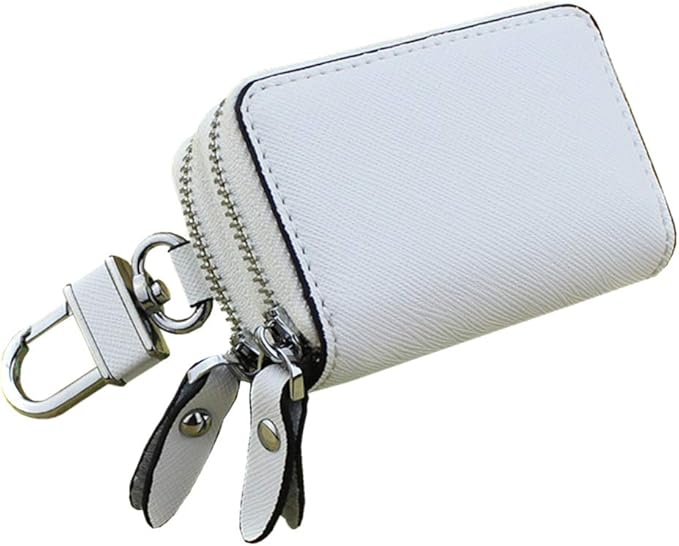 Key Fob Case Genuine Leather, Double Zipper Car Key Holder & Key Wallet with Keychain, Key Pouch for Purse Gift