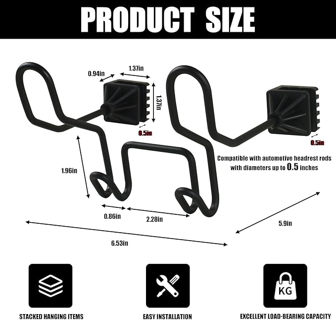 2-Pack Hard Hat Holder for Truck Seat - Dual Heavy Duty Car Headrest Hooks for Construction Gear, Caps & Groceries | Universal Fit for Vehicles