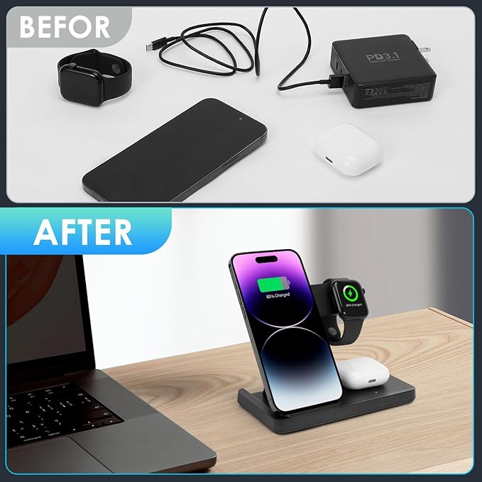 3 in 1 Charging Station for Multi Devices, Wireless Charger for iPhone 8-16 Series & Apple Watch, Wireless Charging Station for AirPods Pro/4/3/2