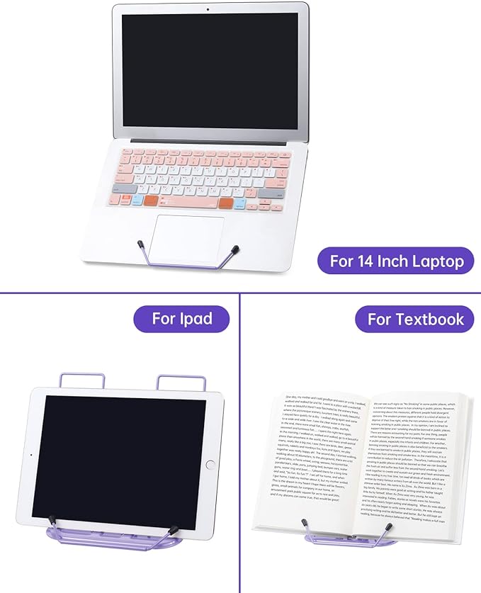Honagu Adjustable Reading Rest - Book Holder, Documents Holder, Sturdy Typing Stand for Recipes, Textbooks, Tablet, Music Books (Purple)