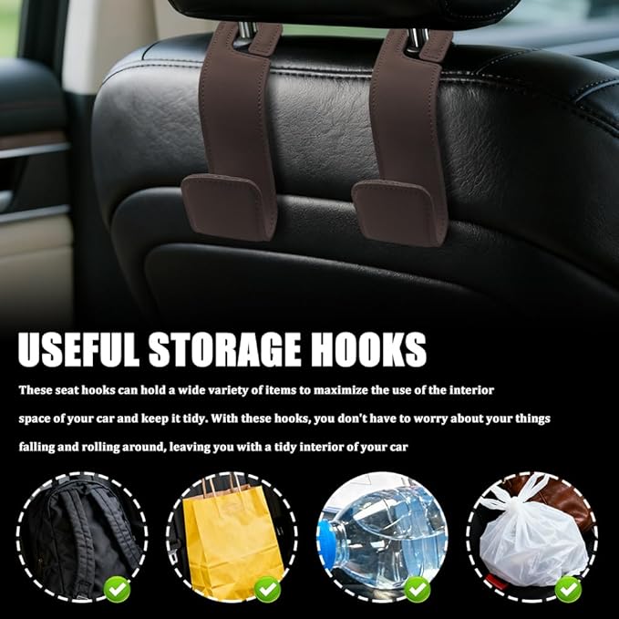 Car Seat Headrest Hooks, Purse Hook for Car, Automotive Headrest Handbags Holder, Auto Accessories Leather Seatback Organizer Hanger for Hanging Purses Bags Coats (Brown, 1PCS)