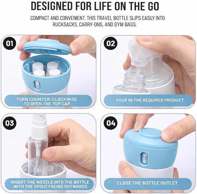 Travigo 4-in-1 Travel Dispenser Bottle, TSA Approved, Leak Proof, Four Reusable 1.4 oz. (40 mL) Toiletry Containers for Shampoo, Conditioner, Soap, Lotion, Skincare (Blue)