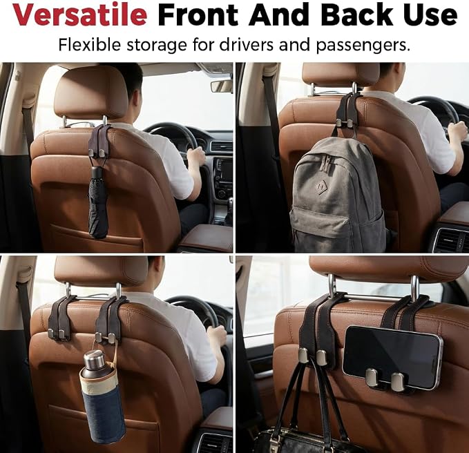 Car Seat Back Storage Hook, 2026 New Car Seat Headrest Hook for Purses and Bags, Leather Car Seat Back Storage Hooks, Car Seat Hangers Organization Accessories (Grey 1pcs)