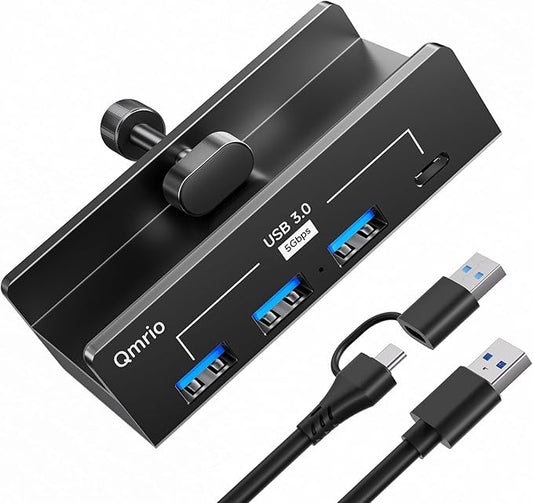 USB Hub 3.0, 5Gbps Clamp USB Hub for Desk/Monitors with Extra Power Supply Port, 3 USB-A Data Ports, USB-C Data Port for iMac Pro/iMac (Black)