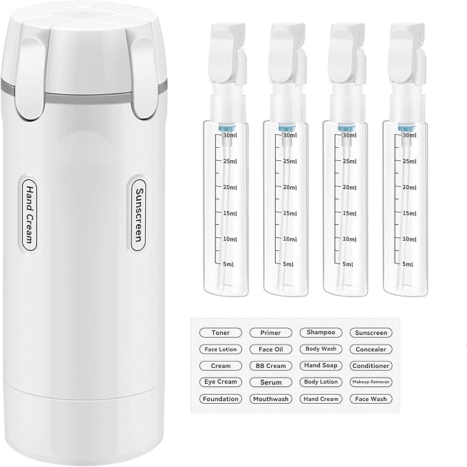 4 in 1 Travel Dispenser Bottle, 30ML*4 Refillable Pack Squeeze Bottles, Portable Leak Proof Travel Toiletry Containers for Toiletries/Shampoo/Conditioner/Shower Gel (White)