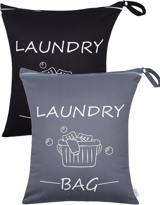 babygoal Travel Laundry Bags 2 Pack, Ideal for Travel, Gym and Swimming-Washable Waterproof Wet Dry Bags for Dirty Clothes, Bathing Suits and Swimsuits(Black & Grey)