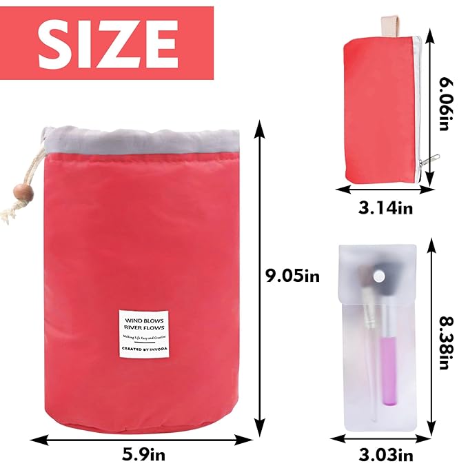 INVODA Drawstring Cosmetic Bag Travel Makeup Bag for Women Toiletry Bag Portable Drawstring Make up Organizer Bag for Travel (Red)