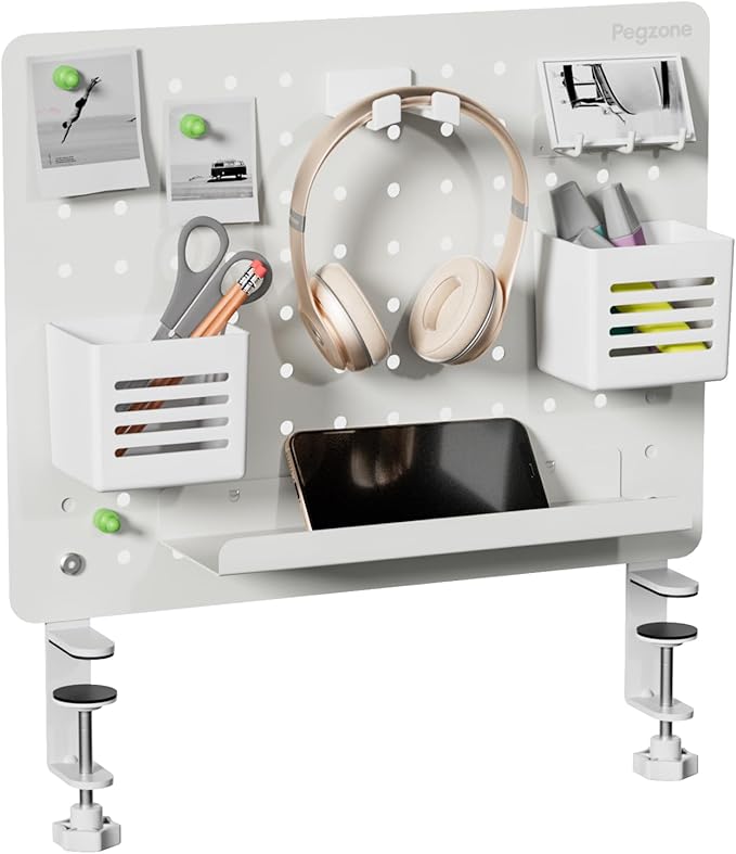 Clamp-on Desk Pegboard, Desk Organizer for Office Gaming Home, Magnetic Metal Peg Board with 10 Accessories, Privacy Panel for Office, 16.5" x 12.6", Medium, White