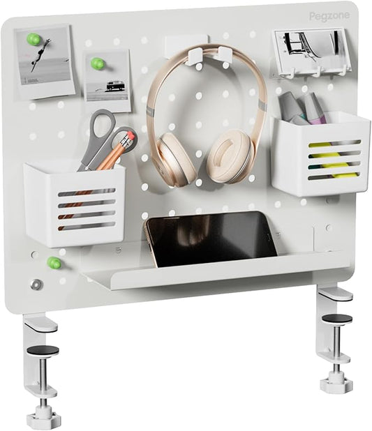 Clamp-on Desk Pegboard, Desk Organizer for Office Gaming Home, Magnetic Metal Peg Board with 10 Accessories, Privacy Panel for Office, 16.5" x 12.6", Medium, White