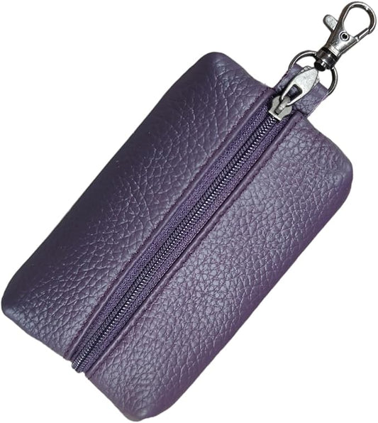 Leather Car Key Case Holder, Auto Smart Key Fob Protector Pouch with Zipper, Universal Unisex Keychain Wallet (Purple)