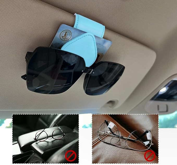 Magnetic Sunglass Holder for Car Visor, Sunglasses Visor Clip, Magnetic Leather Vehicle Glasses Ticket Card Clip, Automotive Eyeglass Hanger Organizer Accessories for Most Vehicles (Blue)