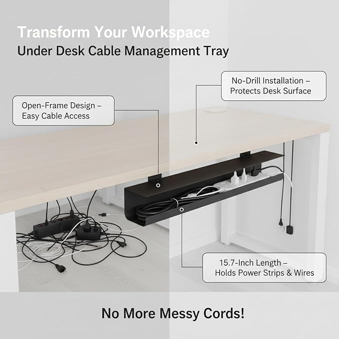 Under Desk Cable Management Tray, No-Drill Cord Organizer for Power Strips & Wires, 15.7 x 3.9 x 3.5 Inch, PVC (1 Pack)