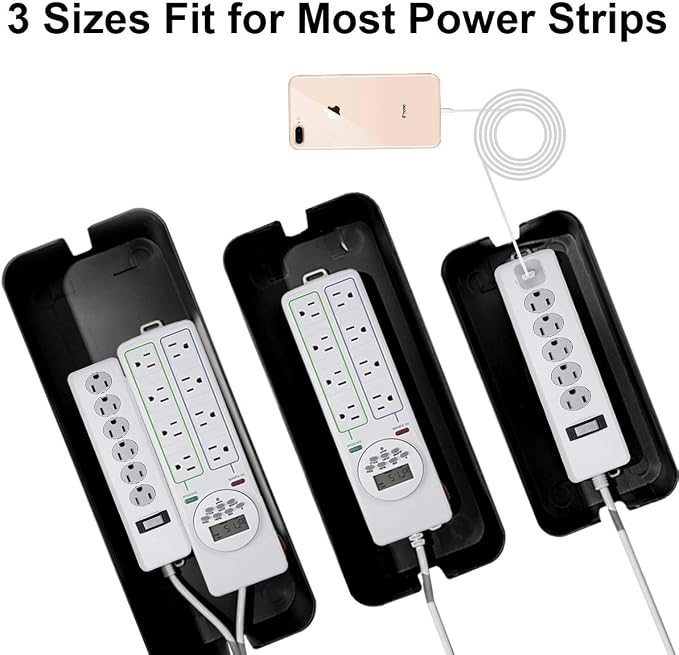 DUNCHATY Cable Management Box 3 Pack - Cord Organizer Box for Desk TV Computer - Large Medium Small Power Strip Cover & Wire Hider - Child & Pet Safe ABS Cord Box with Cable Ties - Black