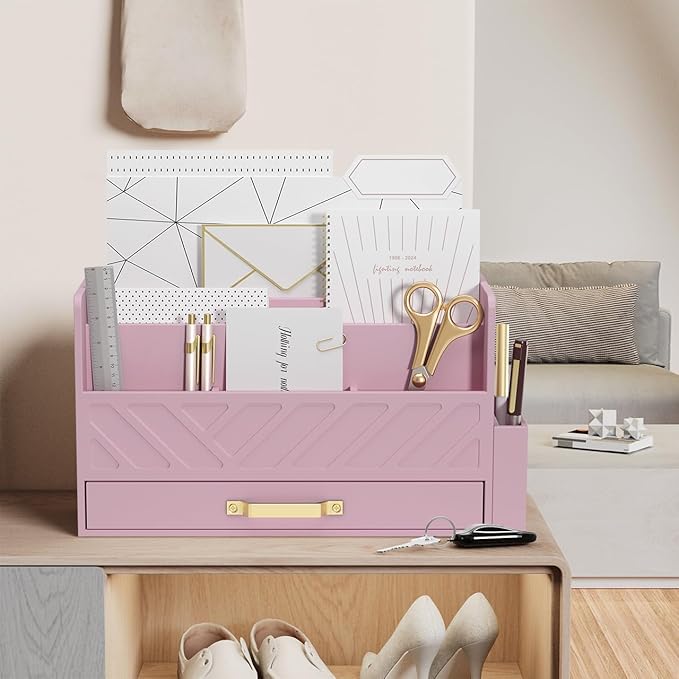 Bamboo Desk Organizer Mail Holder Countertop Wood Desk Drawer Tabletop Storage Box Pen Holder Letter Sorter Makeup Organizer for School Home Office Supplies with Pen Holder Pink