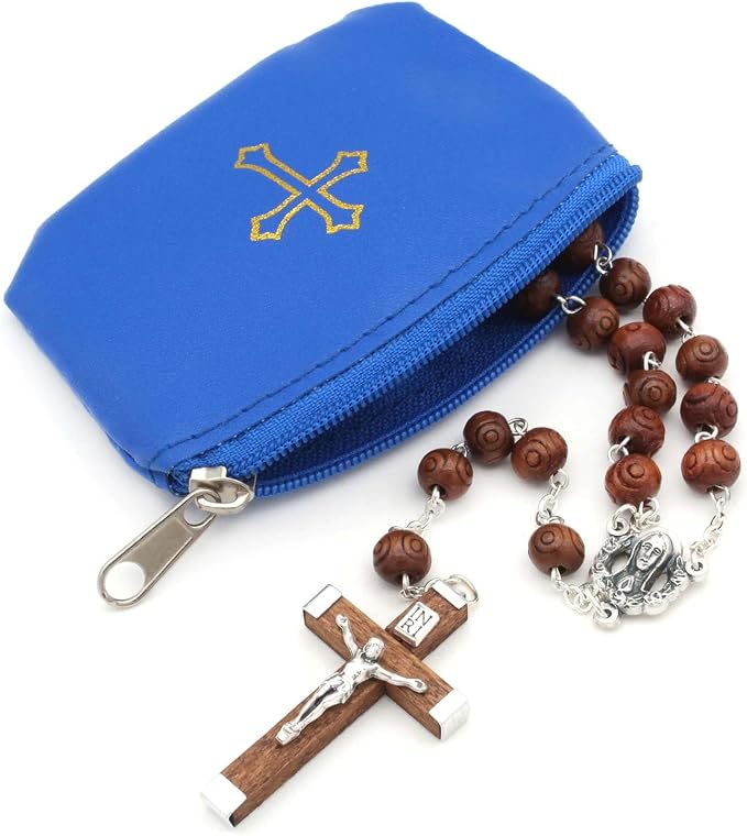 Blue Rosary Pouch with Zipper & Gold St. Thomas Cross Imprint | Compact Leatherette Rosary Case for Small to Medium Rosaries | Protective Travel Rosary Holder for Men & Women