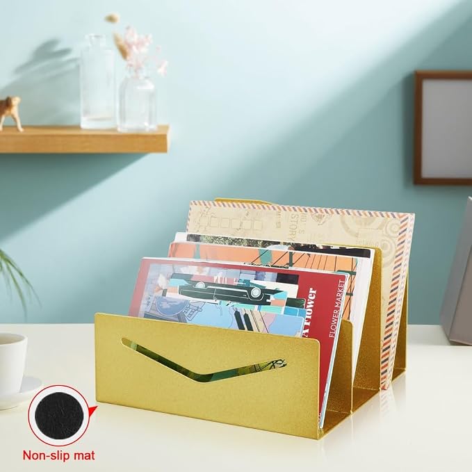 Picowe Metal Desk Mail Organizer Mail Holder, 3 Slots Letter Holder Organizer Envelope Organizer for Home Office (Gold)