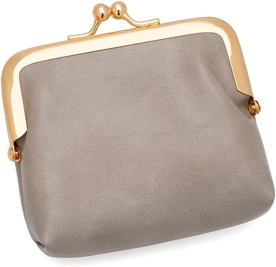 Women’s Small Coin Purse, Vintage PU Leather Change Purse, Rectangle Kiss Lock Coin Pouch, Pocket-Sized, Solid Color, Mini Coin Purse for Women - Grey