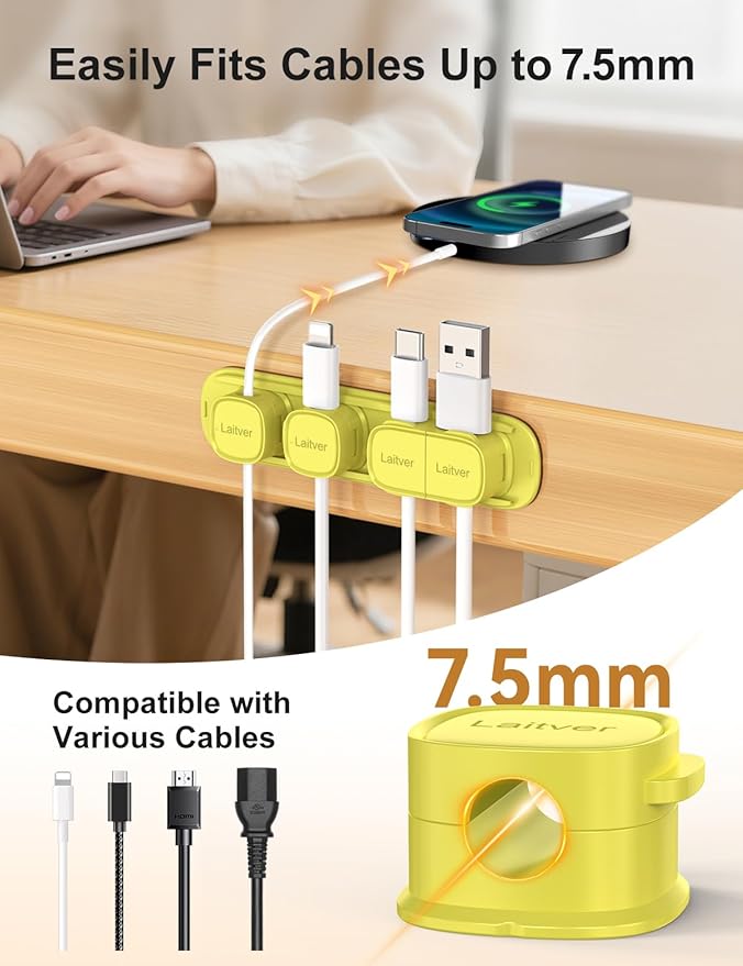 6 Pack Magnetic Cable Clips [1s Open/Lock], Laitver Cord Organizer Holder Strong Adhesive Desk Cable Management- Organize Charging Cords Neatly for Home, Office, Car,Desk, Nightstand-Emerald Green
