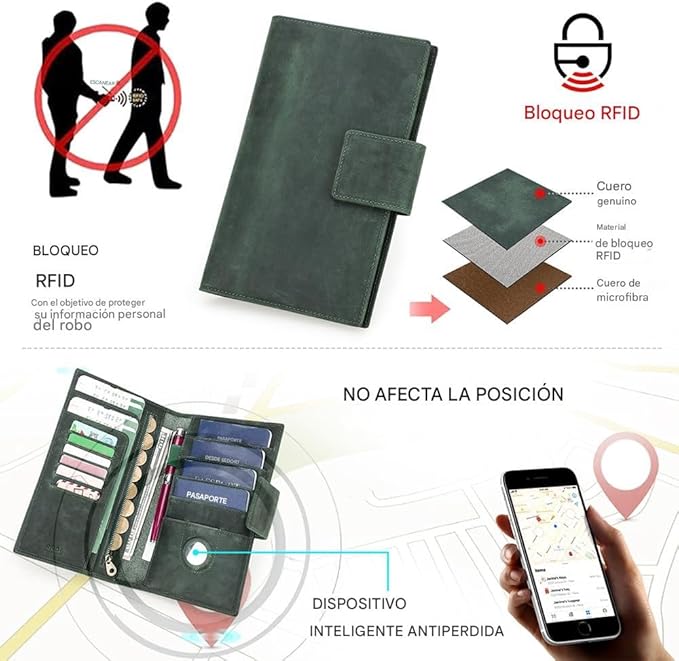 CONTACTS Full Grain Leather RFID Blocking Family Passport Holder for 4 Passport Wallet Compatible with Airtag Travel Passport Cover with 4 Passport Slot, 6 Card Slot (Green)