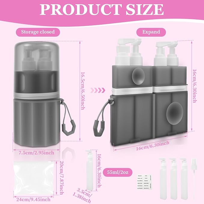 4 in 1 Travel Toiletry Containers, Leak Proof TSA Approved Travel Size Bottles Set with Suction Cup Wall Mount, Refillable Dispenser for Shampoo, Lotion, Soap, Gym & Essentials (Grey)