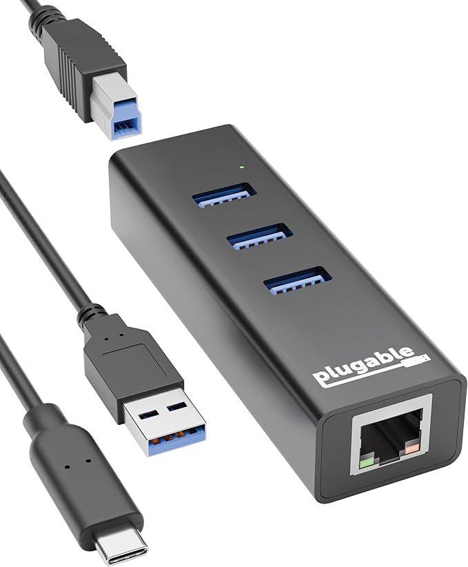 Plugable 3-Port USB 3.0 Hub with Gigabit Ethernet | Compatible with Windows, macOS, Linux, and ChromeOS | Portable USB-C/USB-A Bus-Powered RJ45 GbE LAN Adapter for Laptops, MacBooks, Chromebooks