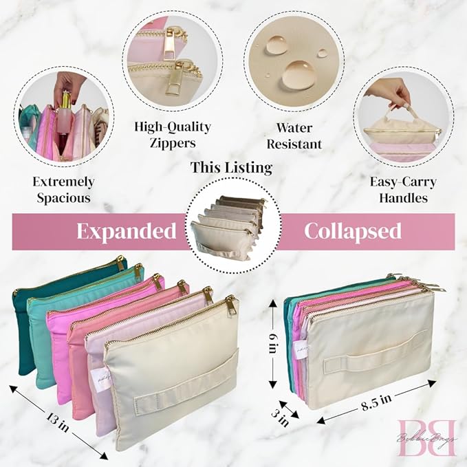 BOBBIE Accordion Travel Makeup Bag, Large Capacity Cosmetic Bags for Women, Durable & Compact Make up Organizer, Lightweight & Portable Zipper Pouch, Water-Resistant Toiletry Bag with 6 Compartments