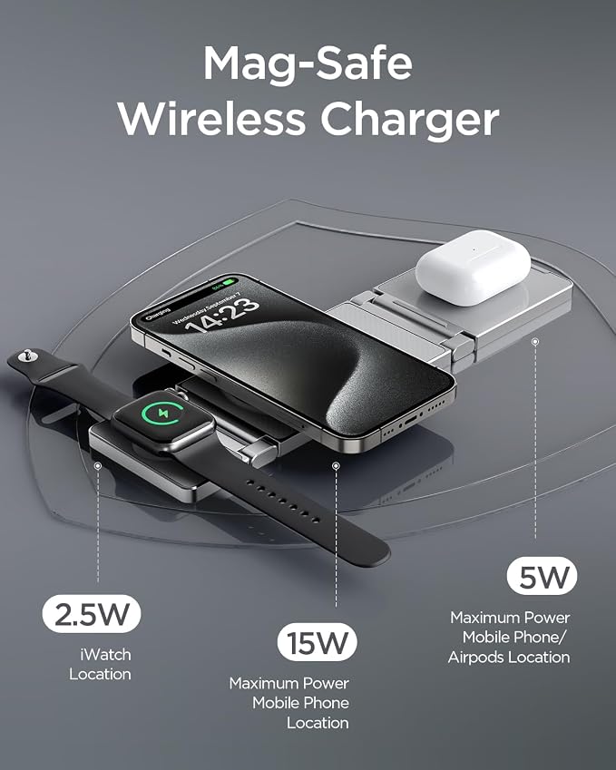 Magnetic Charging Station,Hohosb 3 in 1 Foldable Zinc Alloy Wireless Charger Stand[Compatible with Magsafe Charger] for iPhone 15/14/13/12 Series,AirPods Pro/3/2,Apple Watch/iWatch(Titanium Grey)
