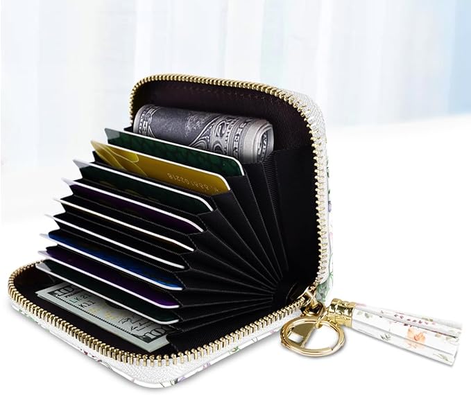 Coco Rossi Leather Credit Card Wallet for Women, RFID Blocking Zipper Cards Holder with Tassel, White Daisy