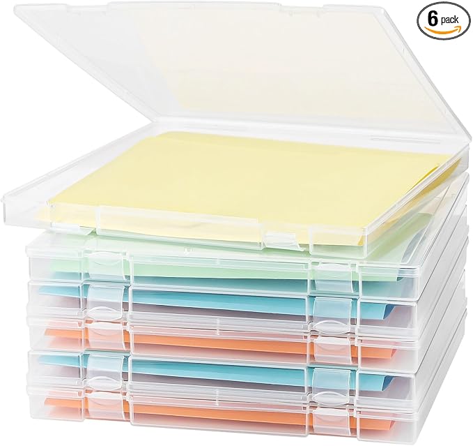 12x12 Paper Storage, 6 Pcs Stackable Plastic File Storage Box Set for Scrapbook Paper, and Craft Paper Storage, Board Game,Locking Mechanism, Office, Home, and School Document Organizer, Transparent