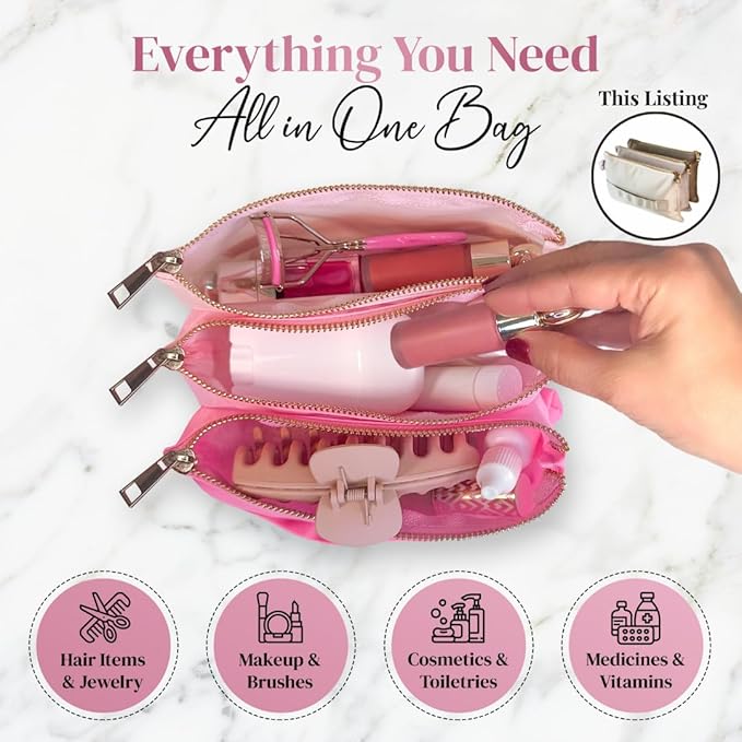 BOBBIE Accordion Travel Makeup Bag, Large Capacity Cosmetic Bags for Women, Durable & Compact Make up Organizer, Lightweight & Portable Zipper Pouch, Water-Resistant Toiletry Bag with 3 Compartments