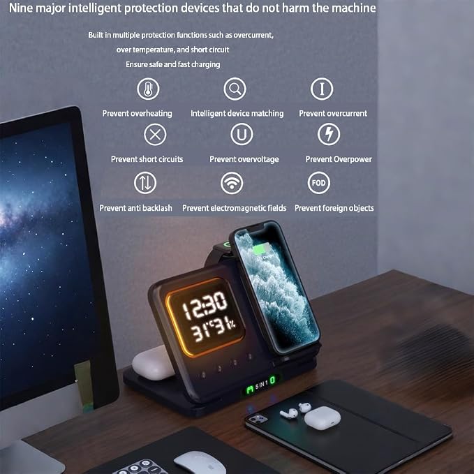 AYI 5in1 Multi Functional Wireless Charging Station with Digital Clock 15W Fast Charge Night Light Temperature Humidity Monitor Wireless Charger for All Qi Phone TWS Headphone and Apple Watch-White