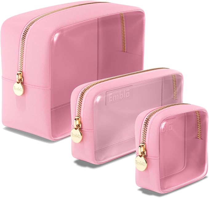Embla 3 Piece Clear Makeup Bag Set for Toiletries Large Medium Small Skincare Organizer Zipper Pouches Travel Toiletry Bathroom Bags Women Girls Cute Make Up Cosmetic Nylon Pouch Light Pink