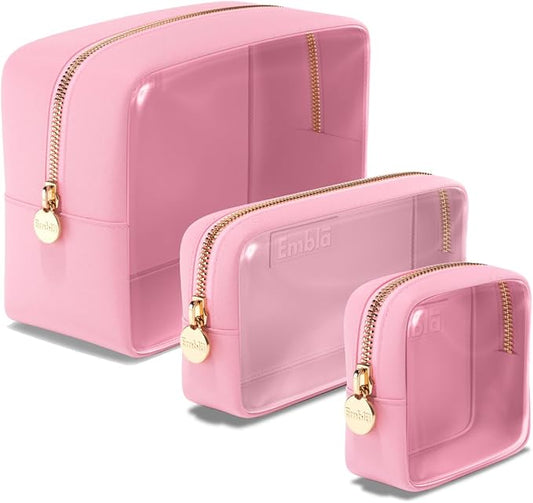 Embla 3 Piece Clear Makeup Bag Set for Toiletries Large Medium Small Skincare Organizer Zipper Pouches Travel Toiletry Bathroom Bags Women Girls Cute Make Up Cosmetic Nylon Pouch Light Pink
