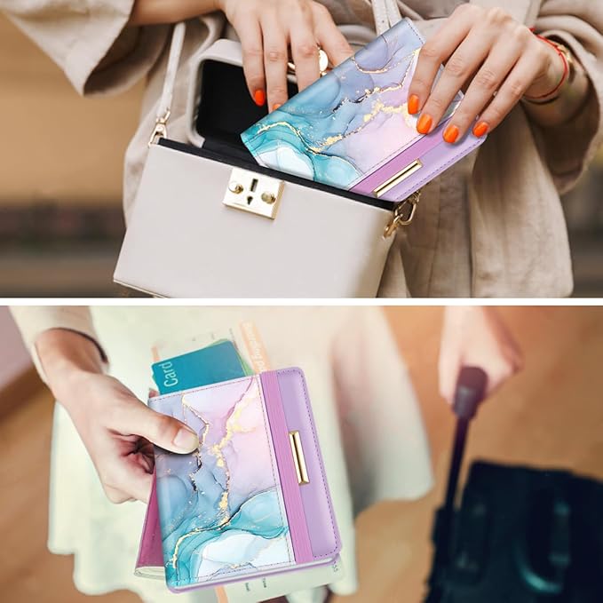 Passport Holder Cover, RFID Travel Wallet Credit Card Holder Cute Purple Pink Passport Book Holders for Women with Elastic Band and Golden Metal Decoration, Gradient Marble