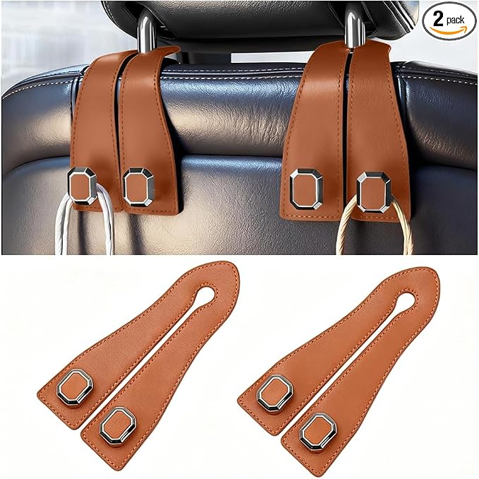 2PCS Car Headrest Hooks, Nappa Leather Metal Vehicle Double Seat Back Storage Hook for Purse Bag Coat, Multifunctional Automotive Interior Hanging Hanger, Universal Fit (Orange)