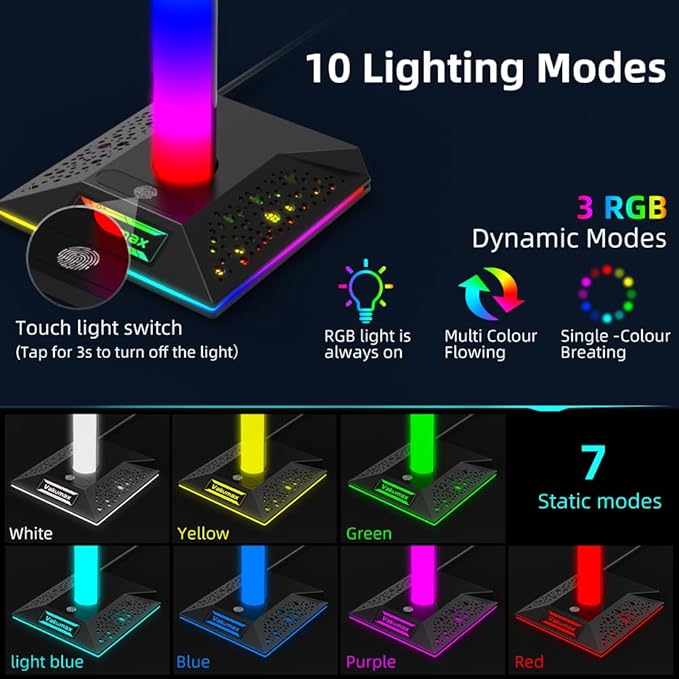 Gaming Headset Stand with Charging Hub for Desk - 3 Ports (USB/Tpye-C Charging Port), RGB PC Gamer Headphone Holder with 10 Color Lighting Modes, Touch Control, Desk Headsets Organizer