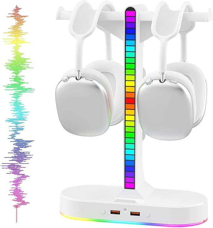 Cool RGB Headphone Stand with Charging Station - Sleek Dual Headset Holder, 3 USB Ports & 3.5mm Audio, 8 Light Modes | Ultimate Gaming Gift for Men, Boyfriend, Teen Boys - Modern White Design