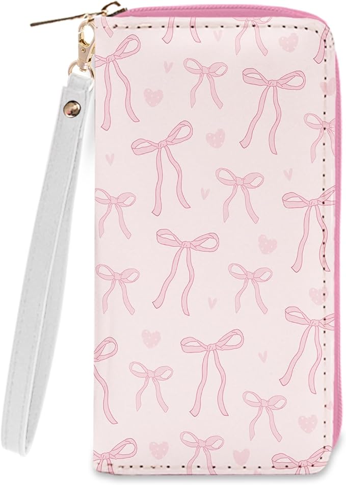 Pink Bow Wallet for Women - Slim PU Leather Womens Wallet with Cash Zipper Coin Purse, Small Credit Card Holder Travel Wallet, Wristlet Wallets for Female Ladies Teen Girls Purse (Girly Gift)