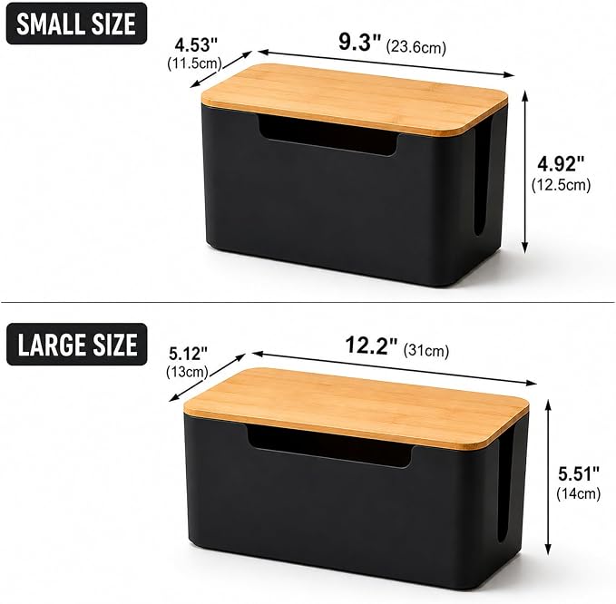 [Set of 2] Wood Cover Cable Management Box Set, Wire Ties Included to Organize Desk Cord Cables, Hide TV Computer Wires, Power Strips, USB Hub to Make Your Home, Office Neat and Clean (Black)