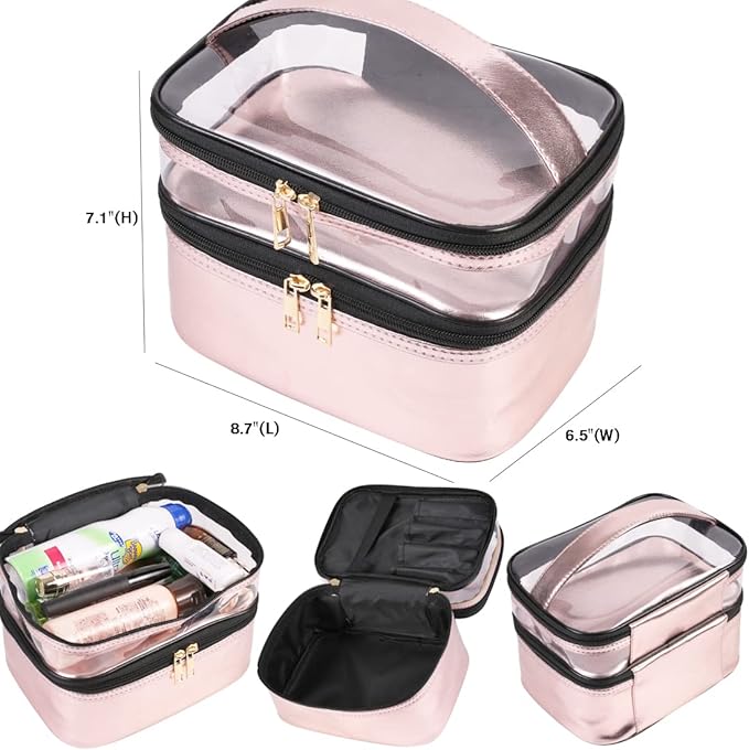 FITINI 3 Pieces Makeup Bags Double Layer Travel Large Cosmetic Cases Organizer Toiletry Bags Waterproof Small Zipper Pouch for Women Makeup Brush Storage Bag,Pink