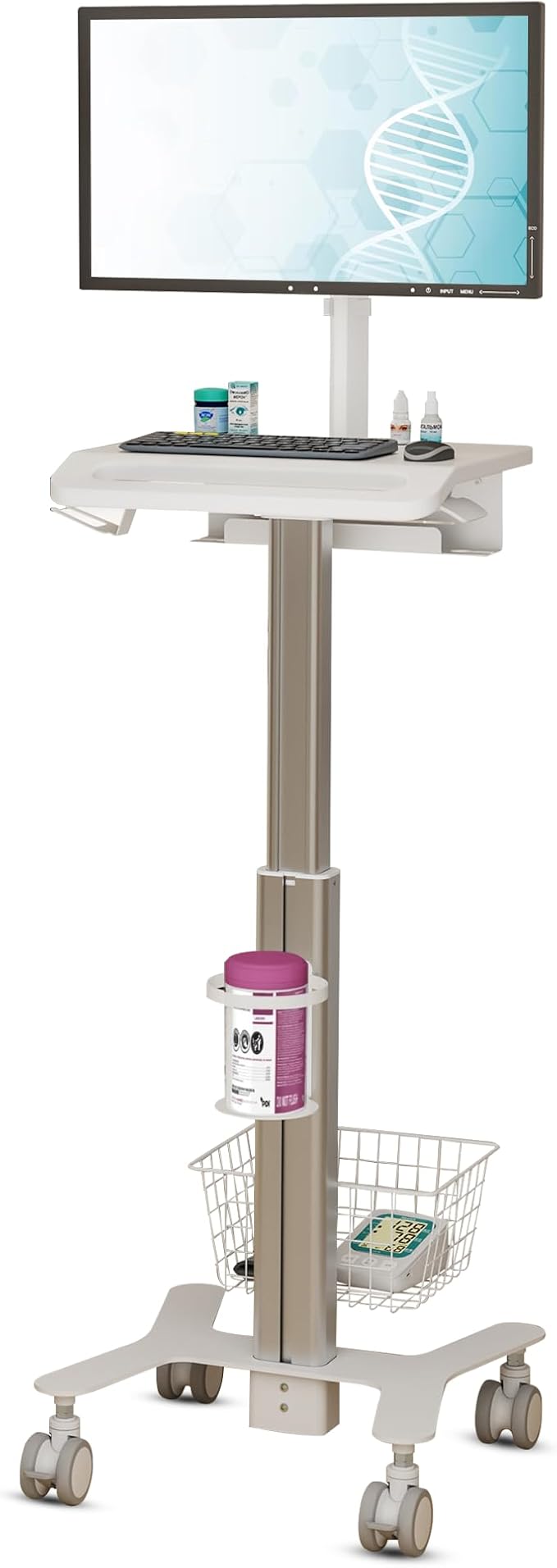Mount Plus MB-C10 Medical Trolley Cart For Monitor Desktop With Keyboard Table, Basket, Wipe Holder, Scanner Holder For Hospital Clinic Dental Office Home Office | Height Adjustable Mobile Workstation