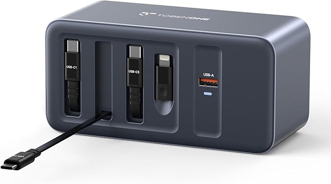 TobenONE 165W USB C Charging Station with Built-in Retractable Cable(2.3ft) & Lightning Adapter, 3 USB C, 1 USB A, 100W Desktop Fast Charging for MacBook, iPhone 17, iPad, Samsung, Home, Office